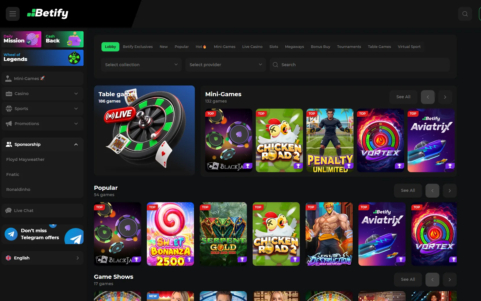 Lobby officiel Betify Casino affichant les machines à sous en vedette, les mini-jeux exclusifs et le catalogue complet des éditeurs