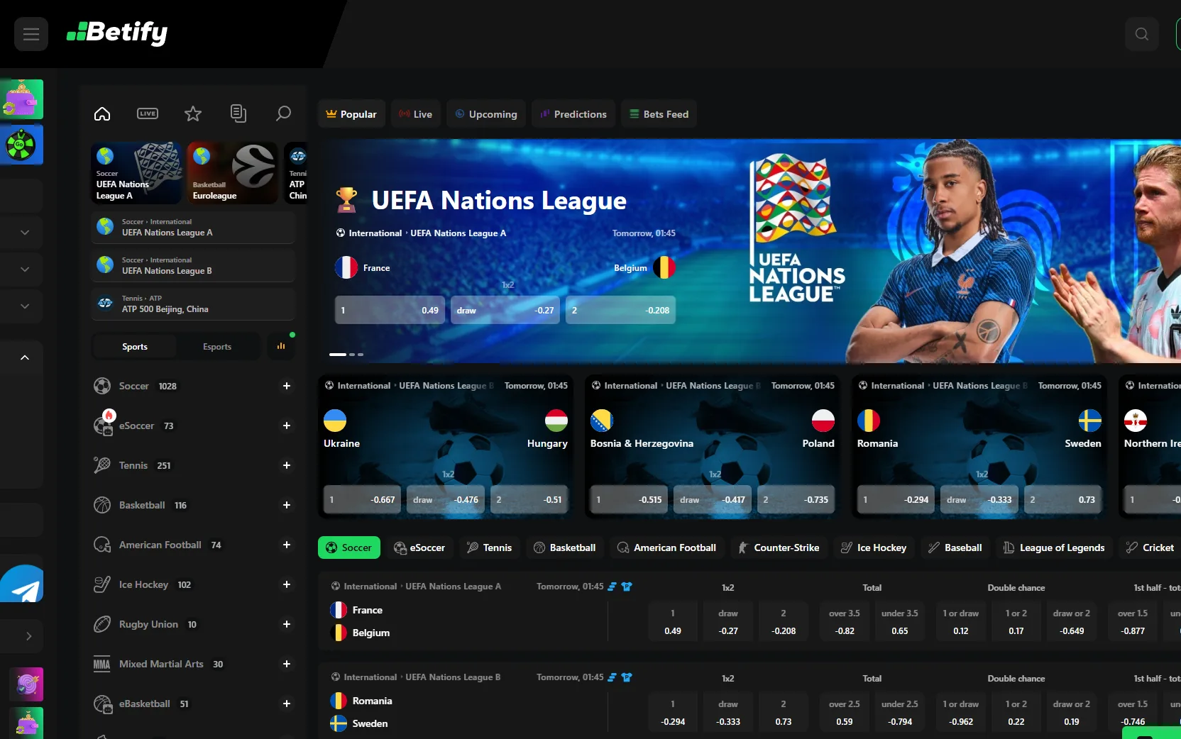 Bookmaker Betify Sportsbook avec cotes en direct sur le football européen, compétitions internationales et tournois eSports